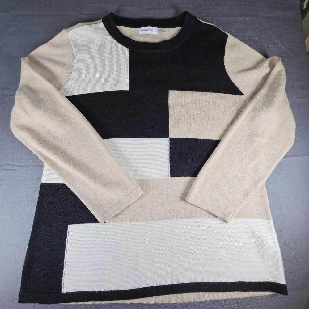 Calvin Klein Geometric Colorblock Knit Sweater Top Long Sleeve Women Size L